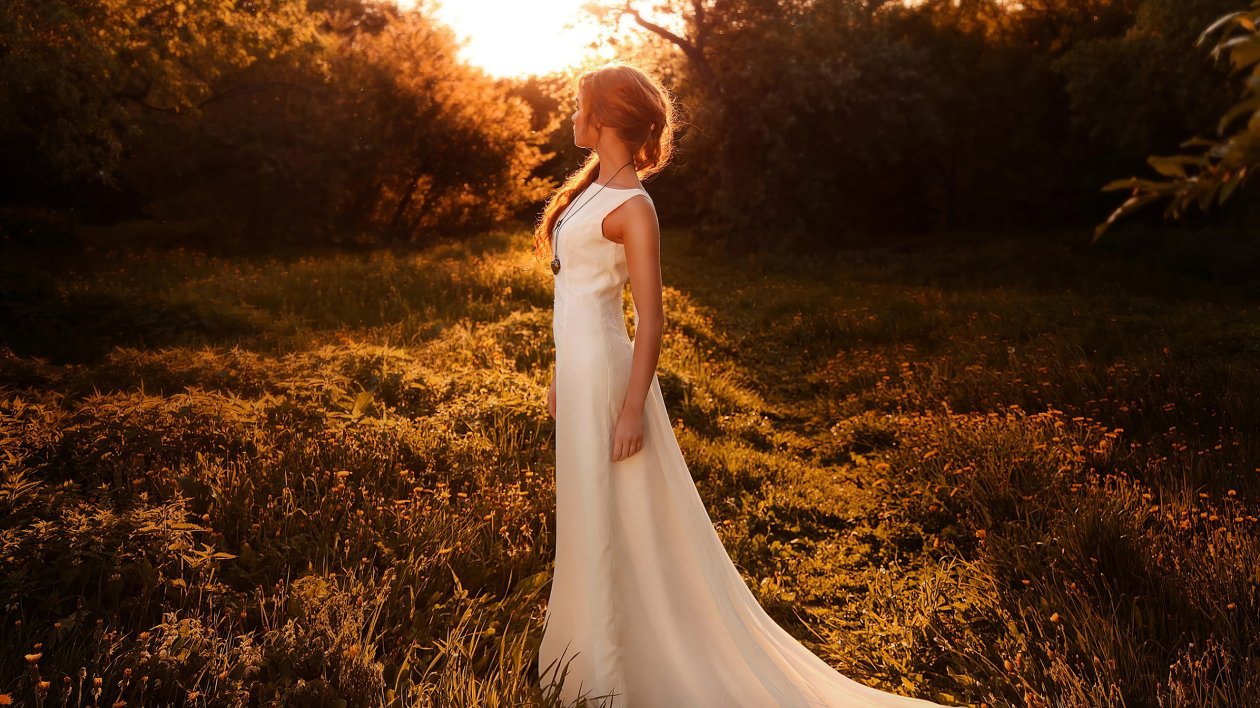 Girl White Dress Sunbeam Forest