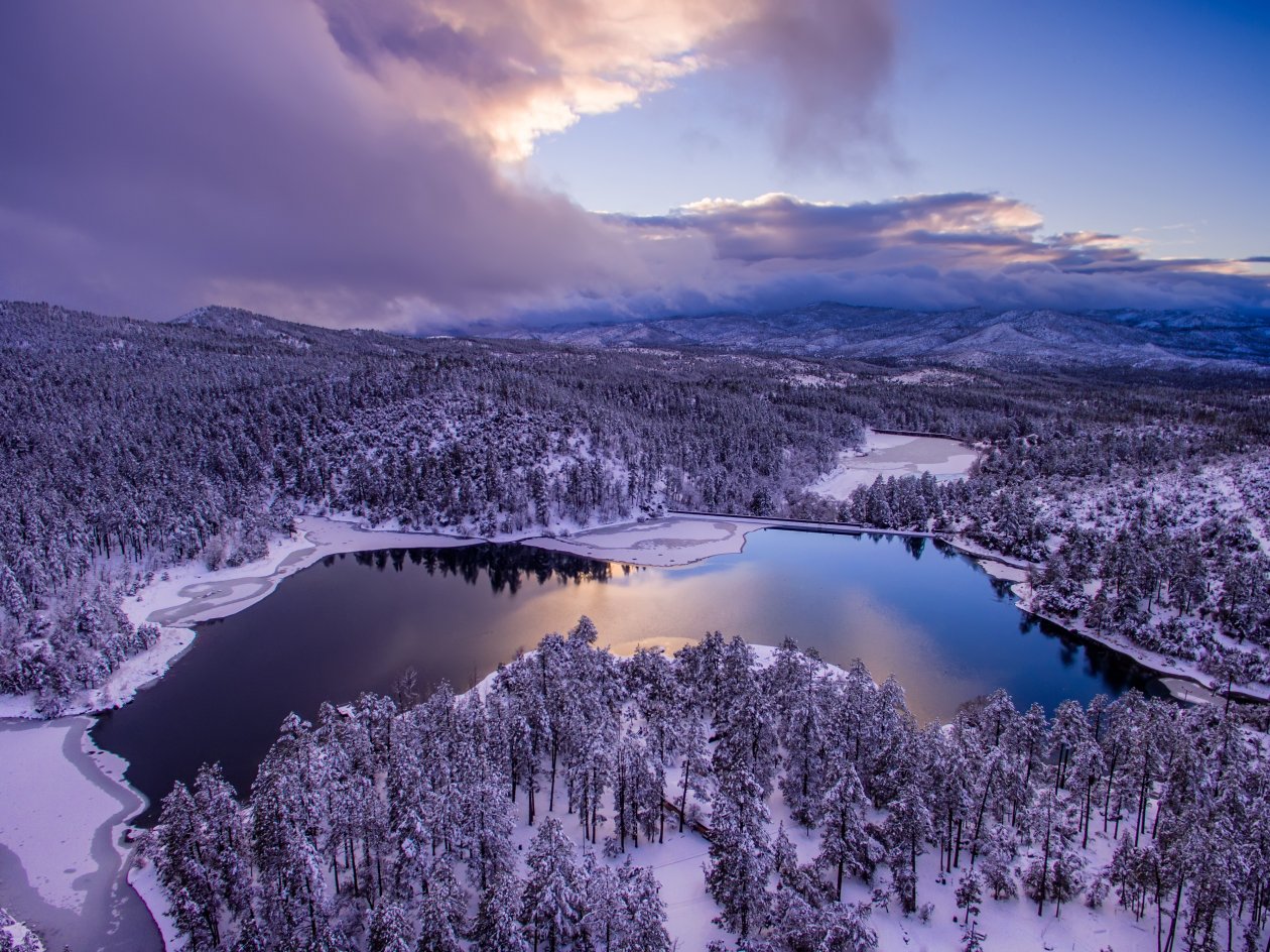 Trees Covered In Snow Lake Landscape Clear Sky Clouds 4k