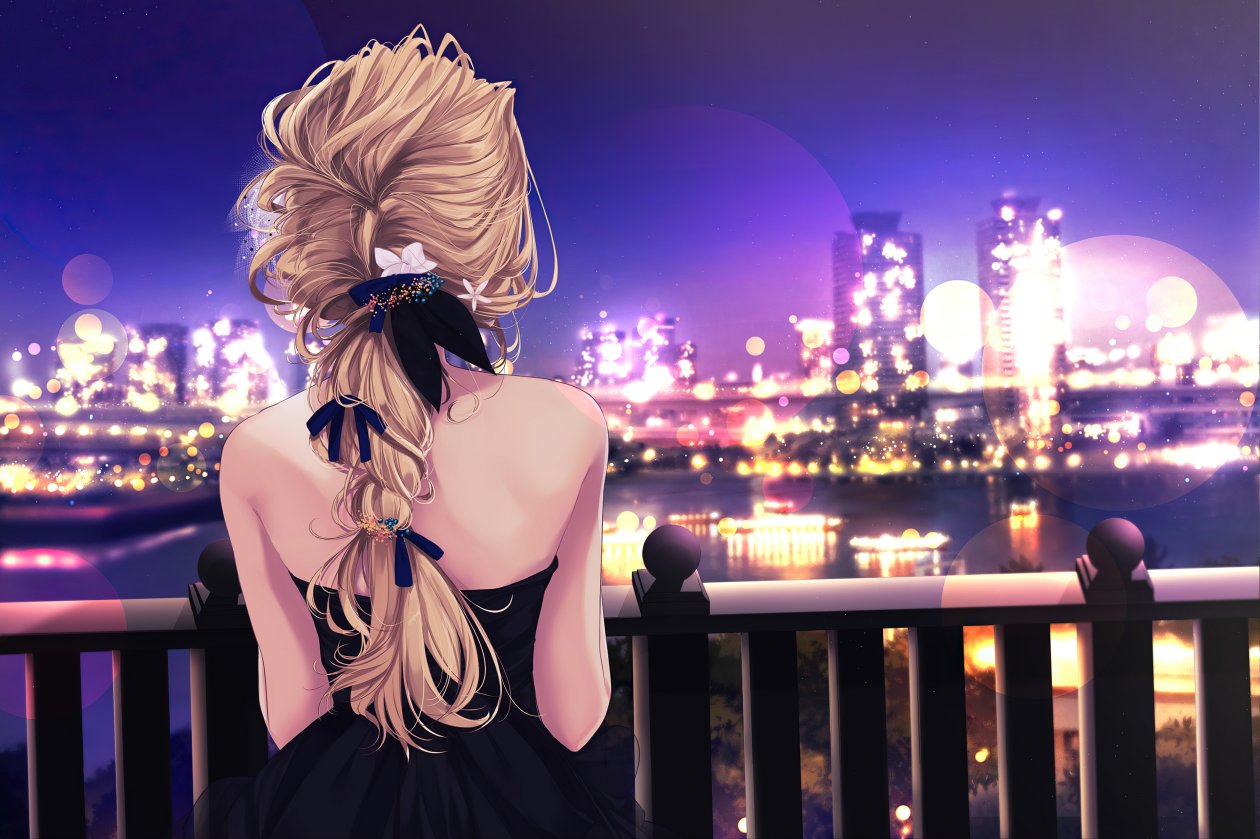 Blonde Girl Black Dress Looking At City 4k
