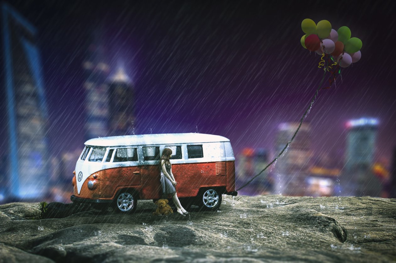 Girl Volkswagen Teddy Bear Balloon City Fantasy Artwork