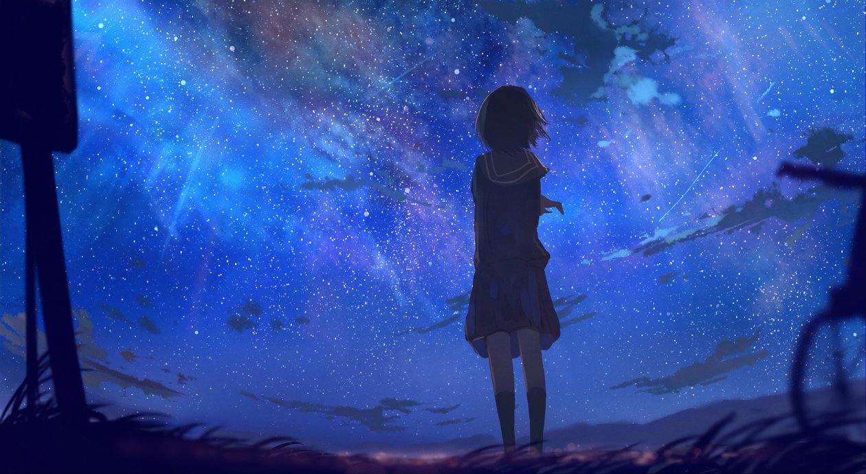 Short Hair In School Uniform Looking Away At Stars Anime