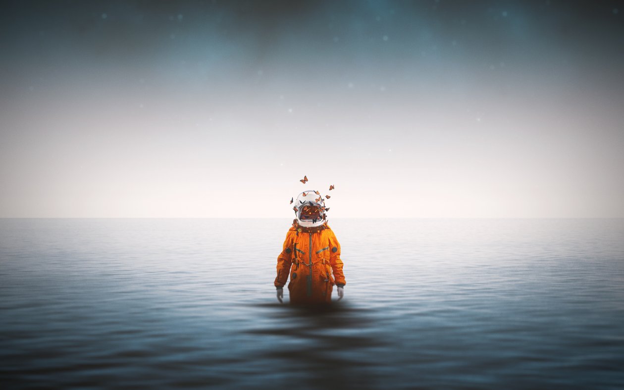 Astronaut Standing Inside Ocean Butterflies Around Helmet 4k