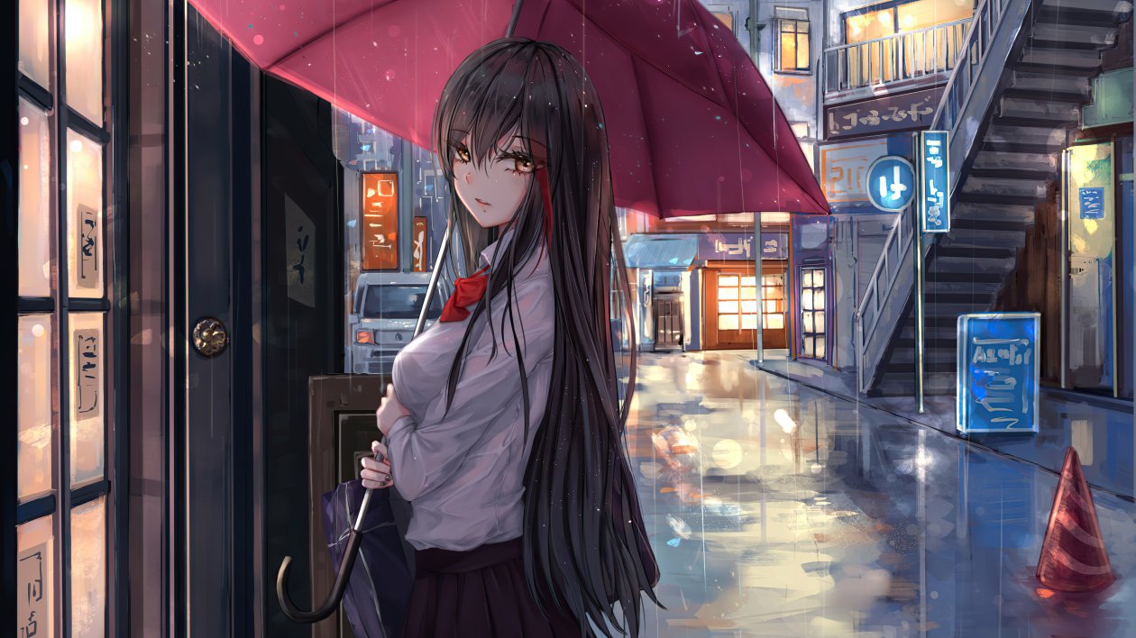 Anime Girl Rain Umbrella Looking At Viewer