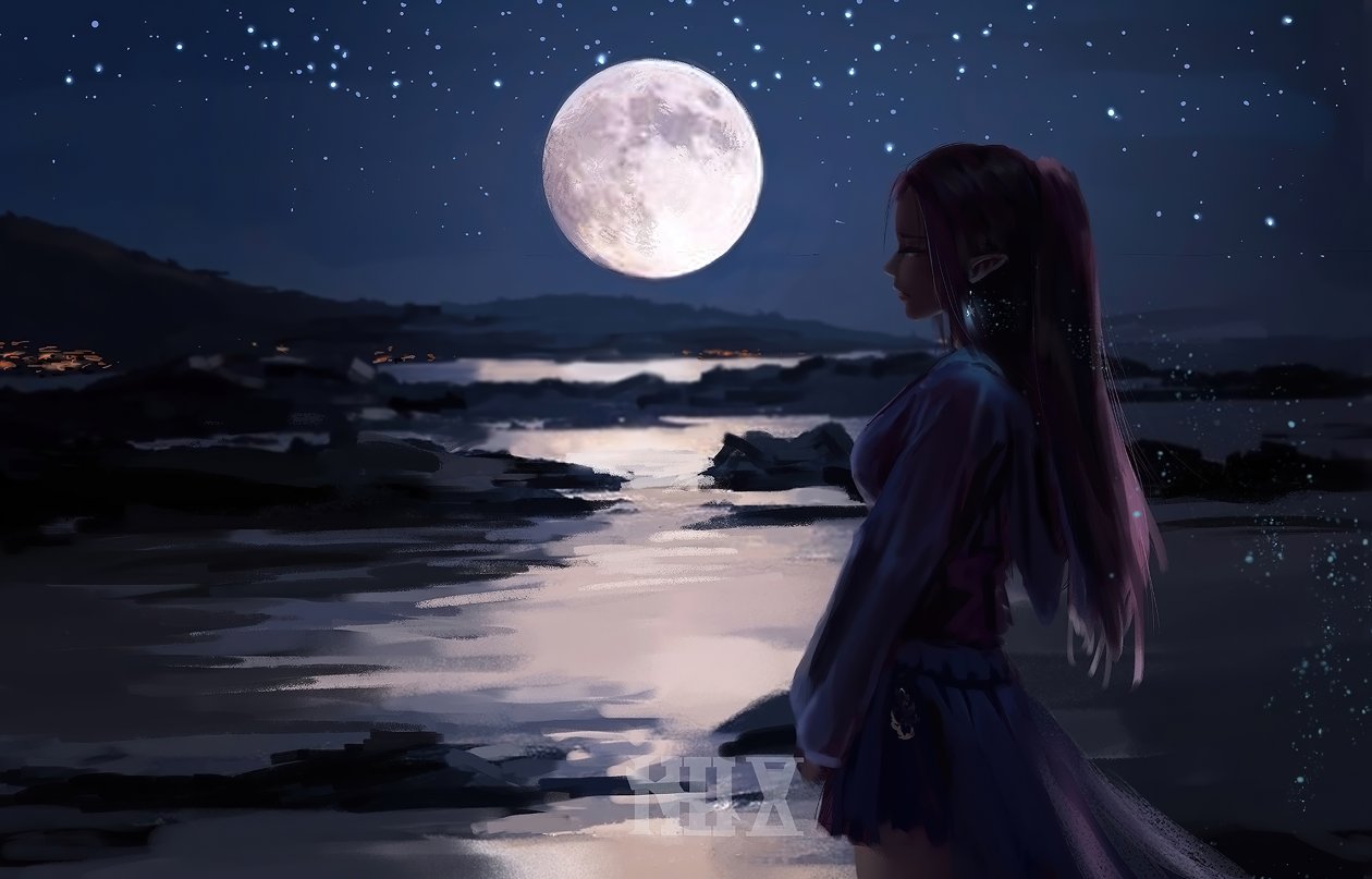Elf Moonset River Fantasy Art 4k