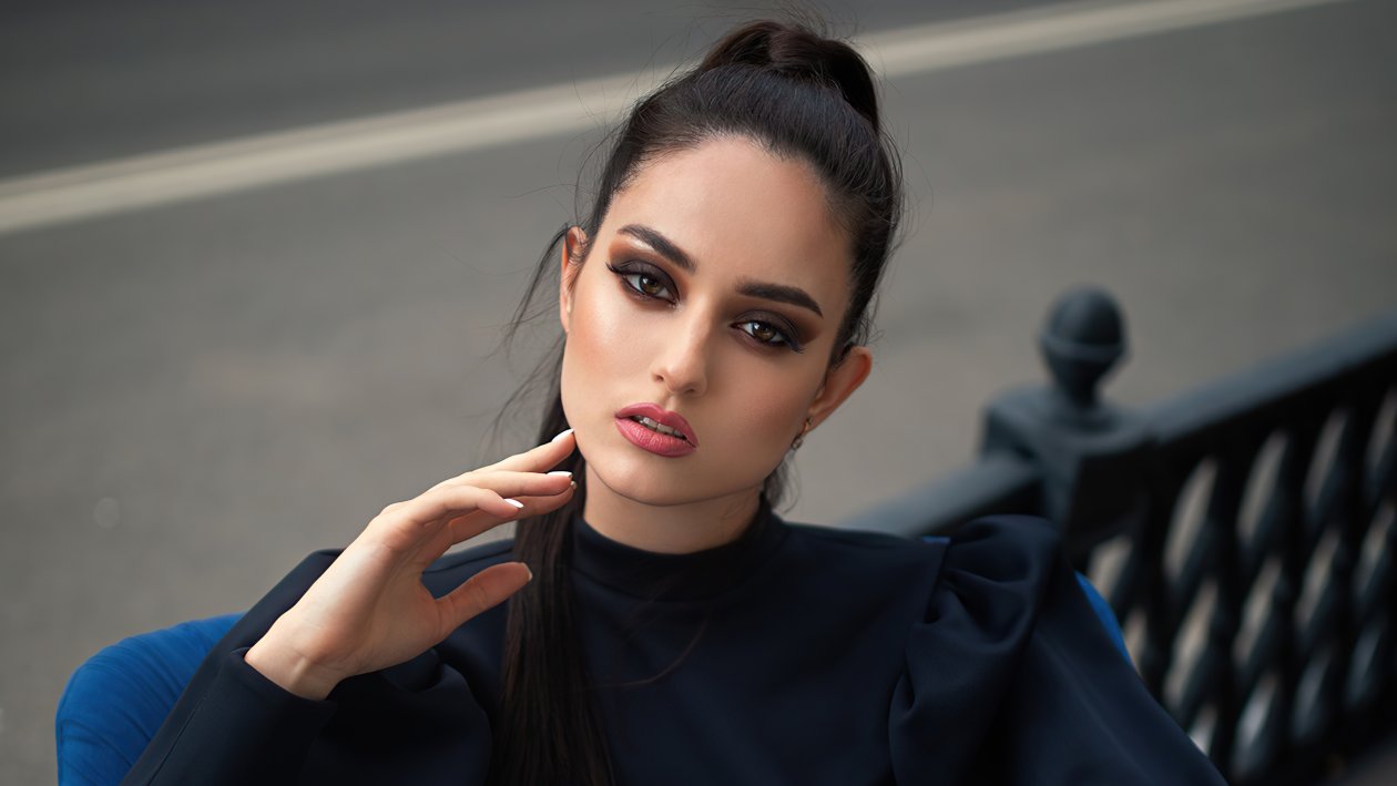 Hand On Face Sitting On Chari Black Dress 4k