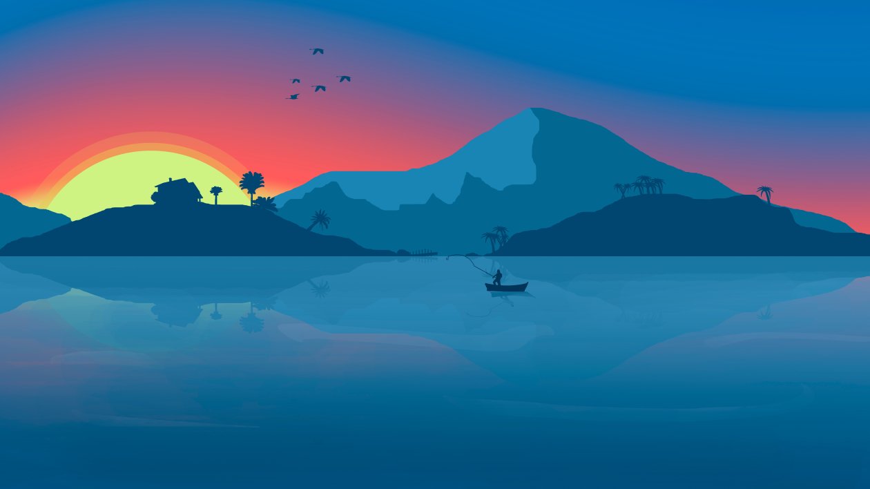 Minimalist Beach Boat Mountains Sunset Birds 8k