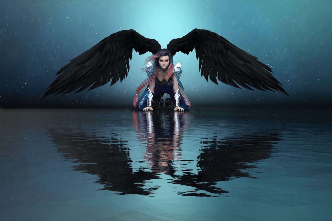 Girl Angel Big Wings Water Reflection 8k