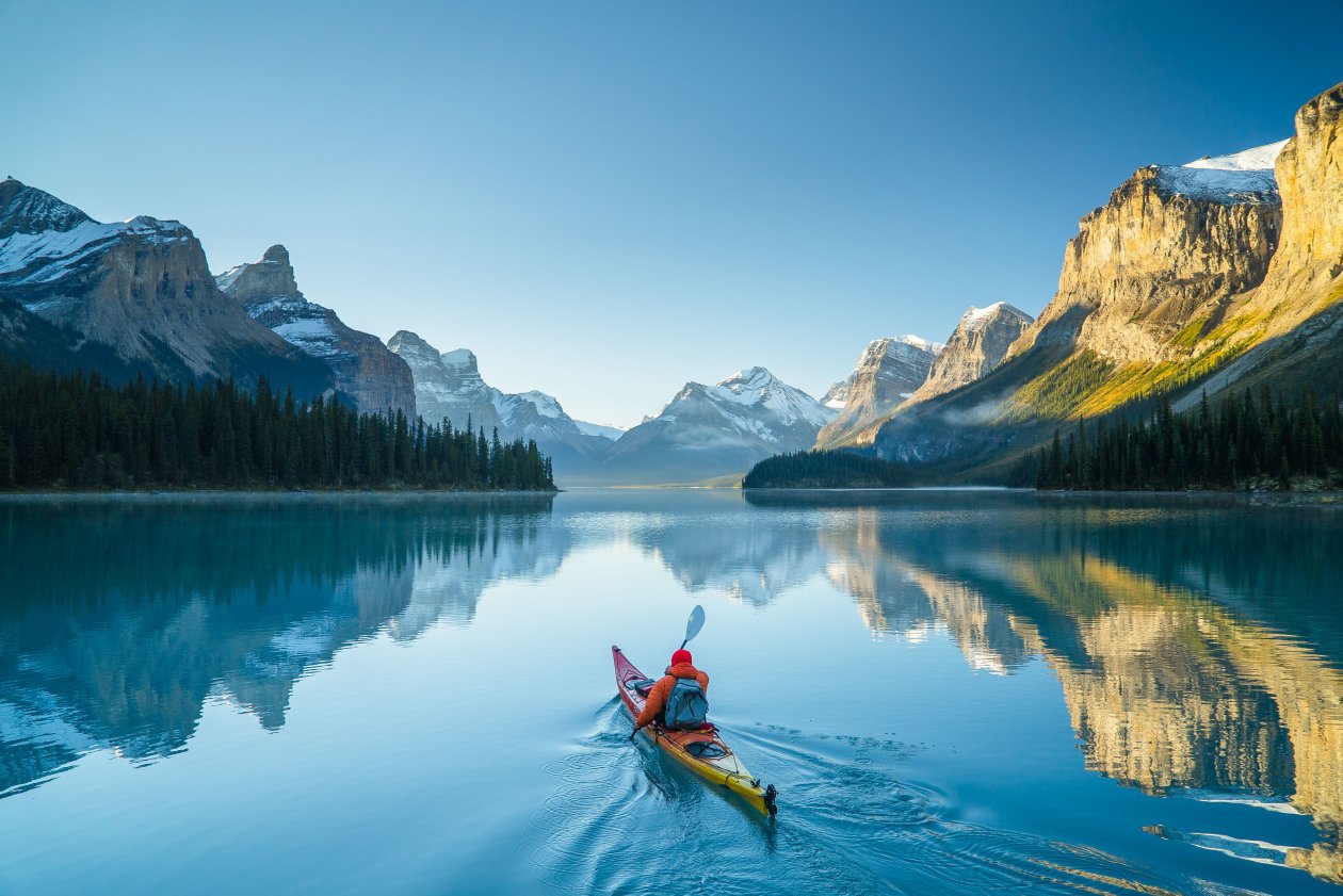 Mountains Snow Canoes Water Reflection