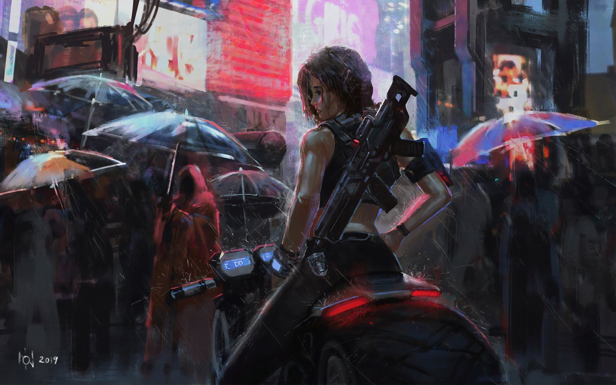 Neon Biker Girl Rain 4k