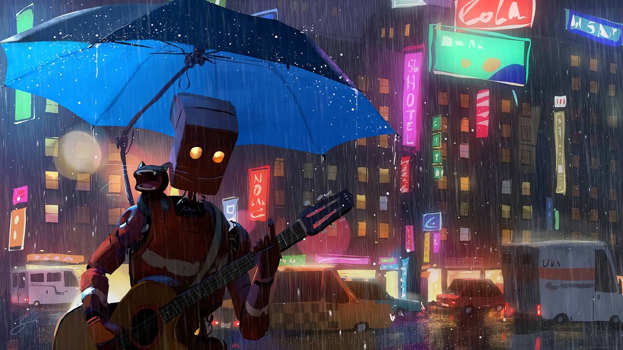 Robot Cat Guitar Umbrella Rain 4k