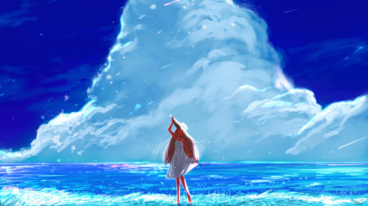 Anime Girl Beach Happy Long Hair Clouds 4k