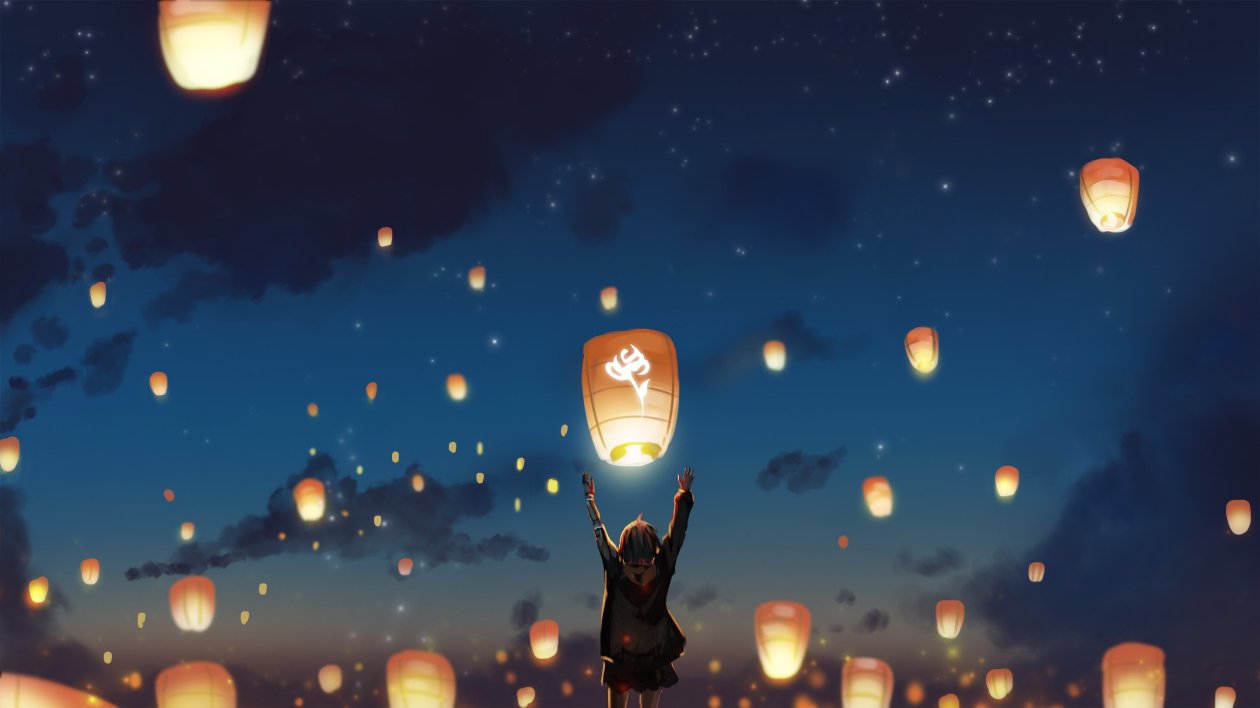 Lantern Night Clouds Lights Anime Stars