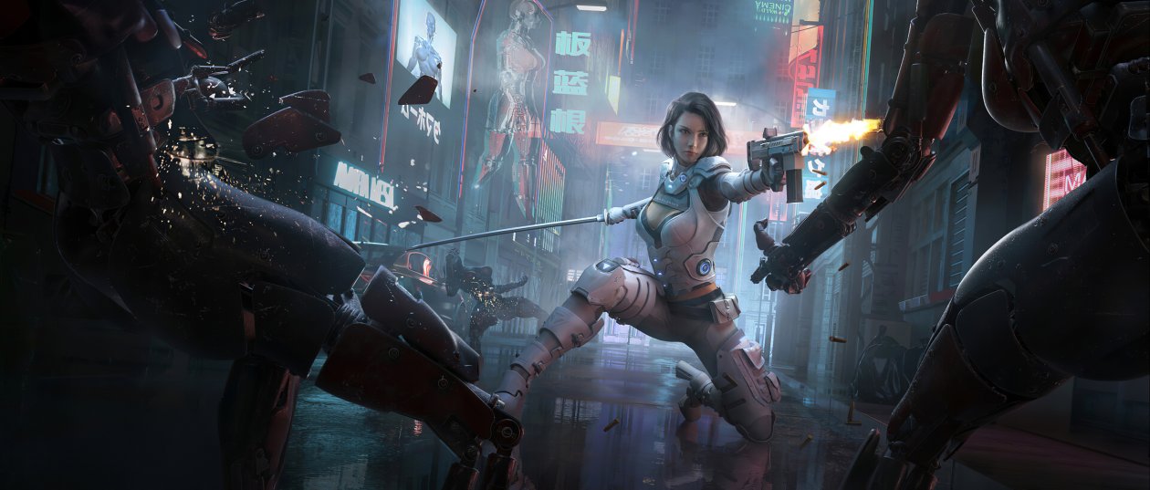 Cyberpunk Girl Hitting Man With Gun