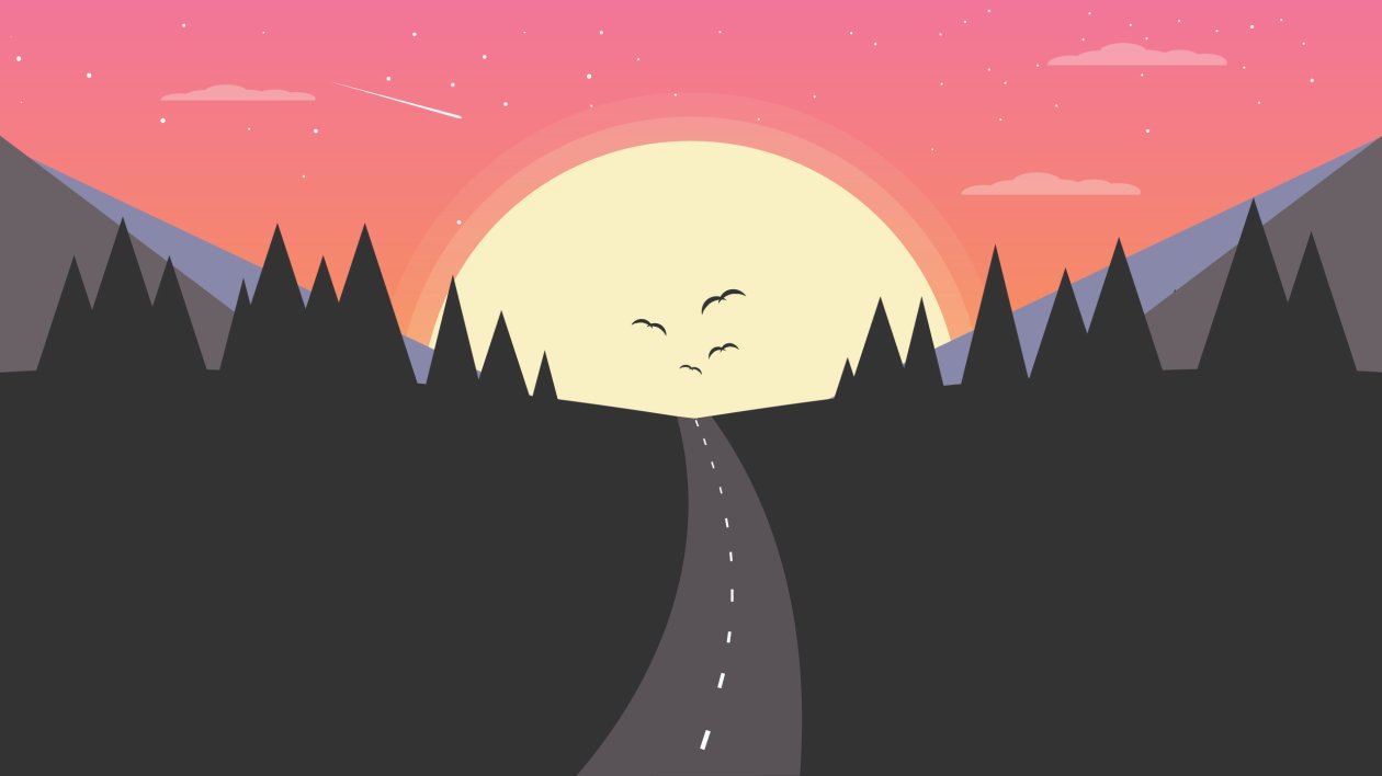 Sun Birds Trees Mountains Art