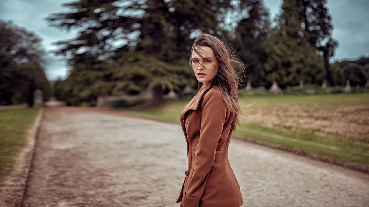 Girl Brown Coat Looking Back 4k
