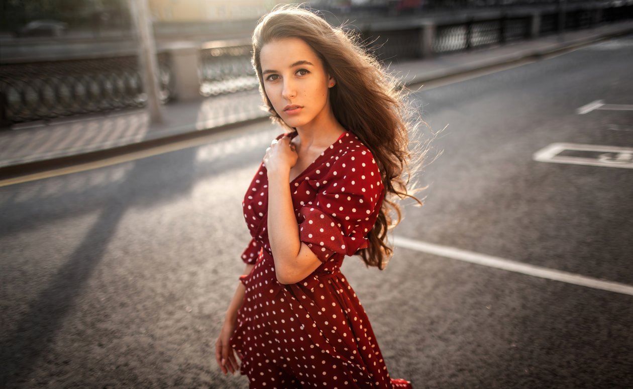 Brunette Long Hair Polka Dress 4k