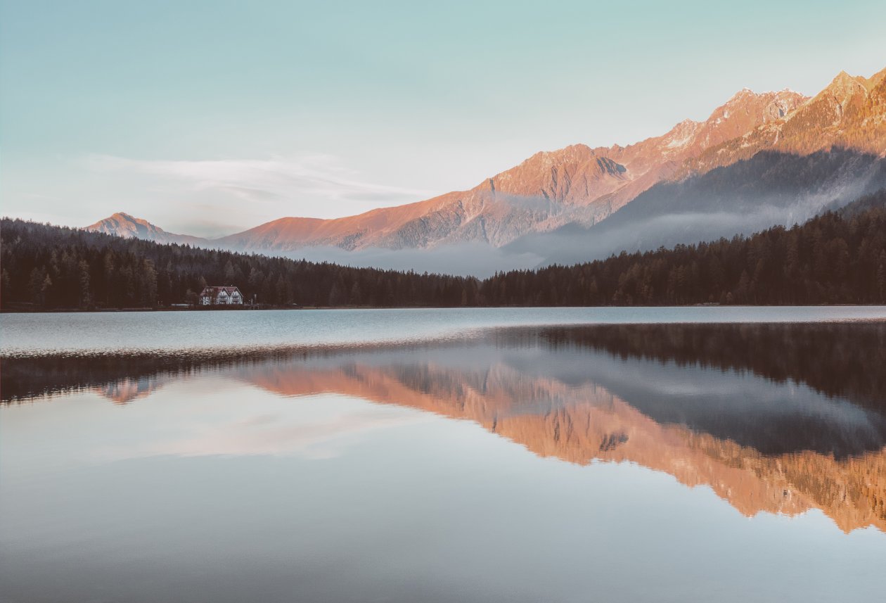 Lakeside Mountain Peak Outdoors Lake Reflection Sunset 4k