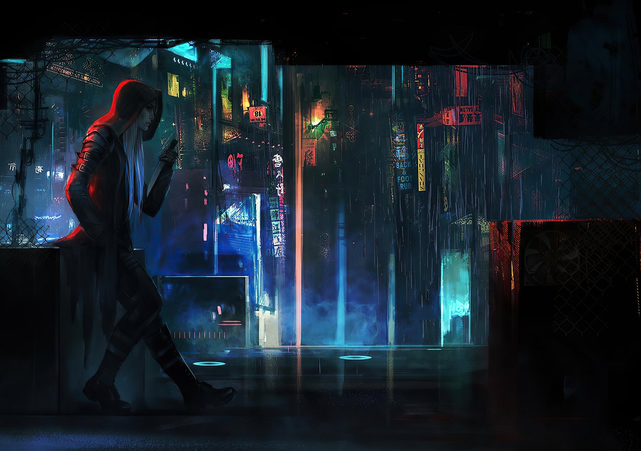 Cyberpunk Rain Town Man Standing