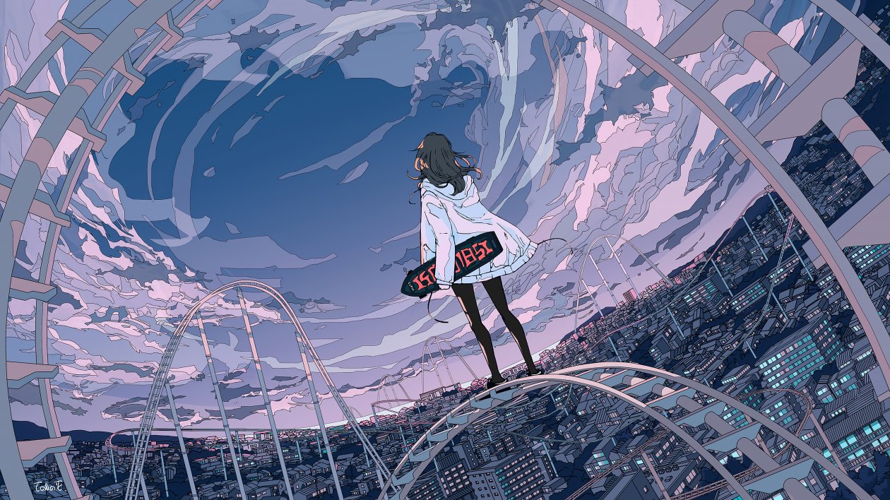 Skyline Anime Girl Skateboard 5k