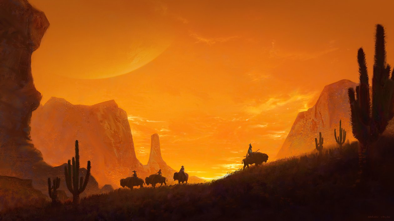 Bison Grass Cactus Landscape 4k