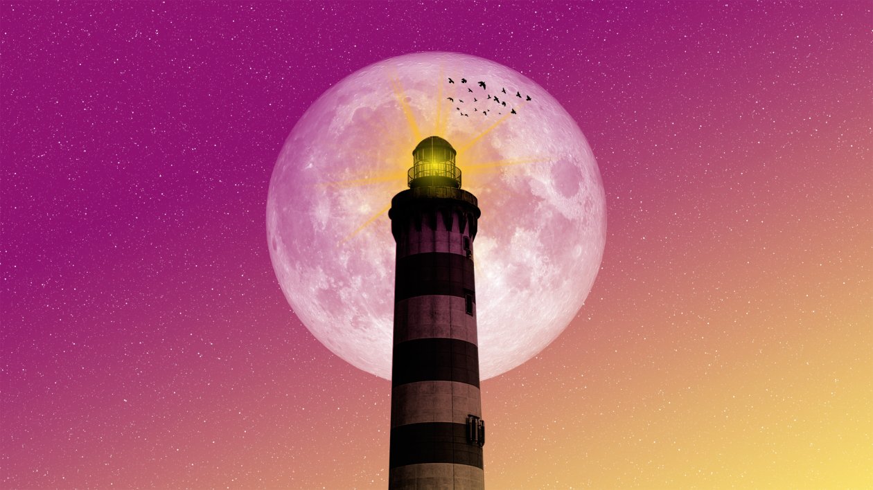 Moon Lighthouse Birds Pink Yellow Sky