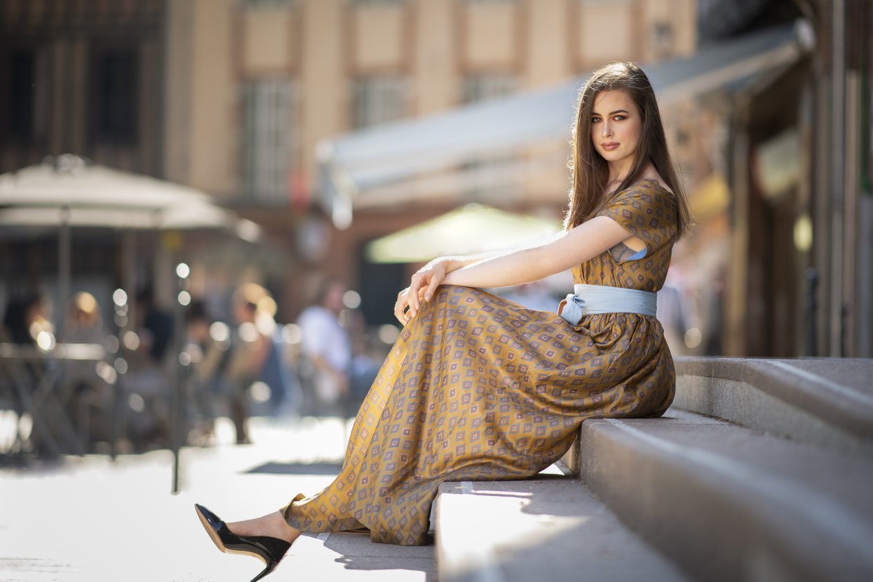 Women Dress Bokeh Sitting Stilettos Model Stairs