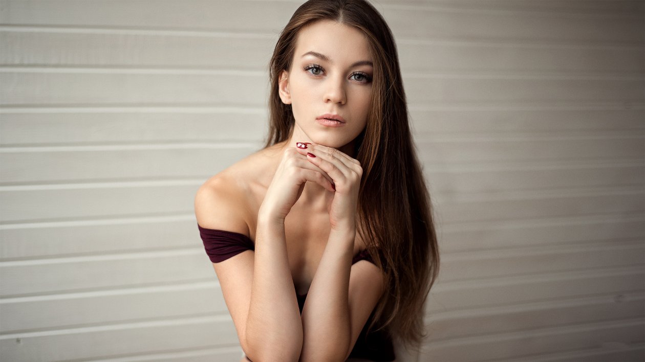 Brown Long Hair Girl Maroon Dress