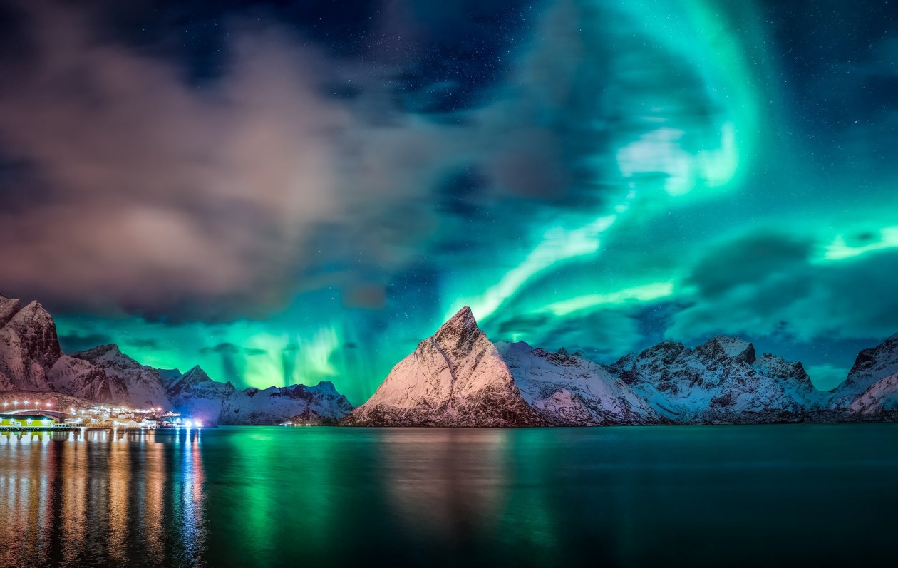 Aurora Reflection Over Mountains