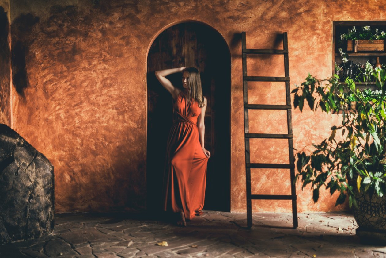 Brunette Standing Leaning To Door