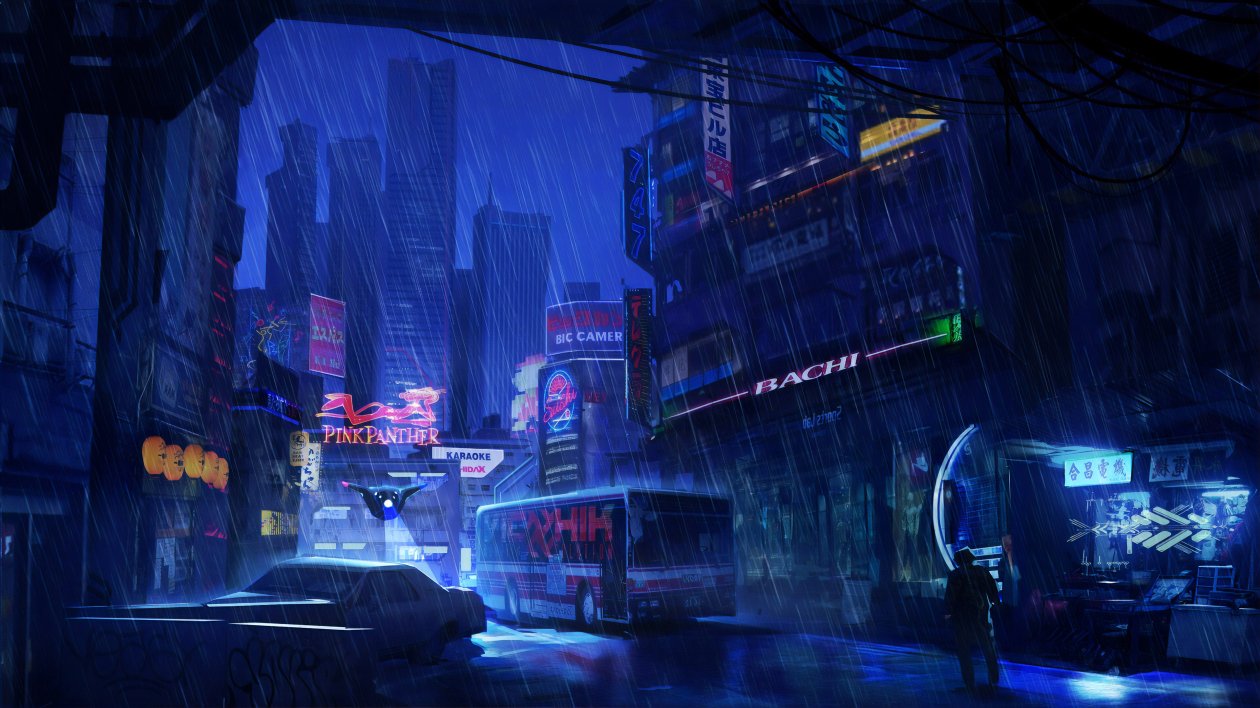 Futuristic City Dark Evening Rain 4k
