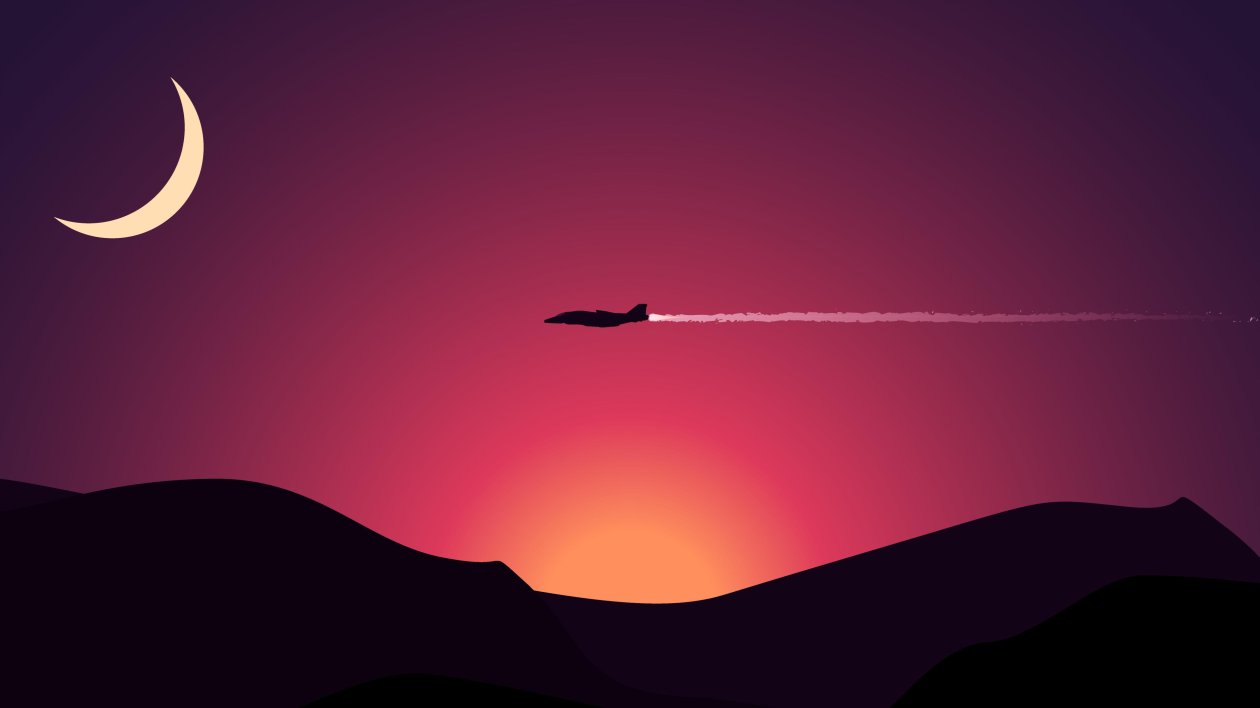Minimalism Plane Flying Above Mountains Moon
