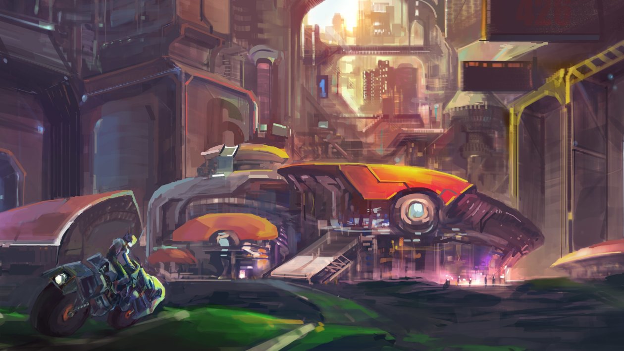 Bike Fantasy Futurre City Painting Artistic 4k