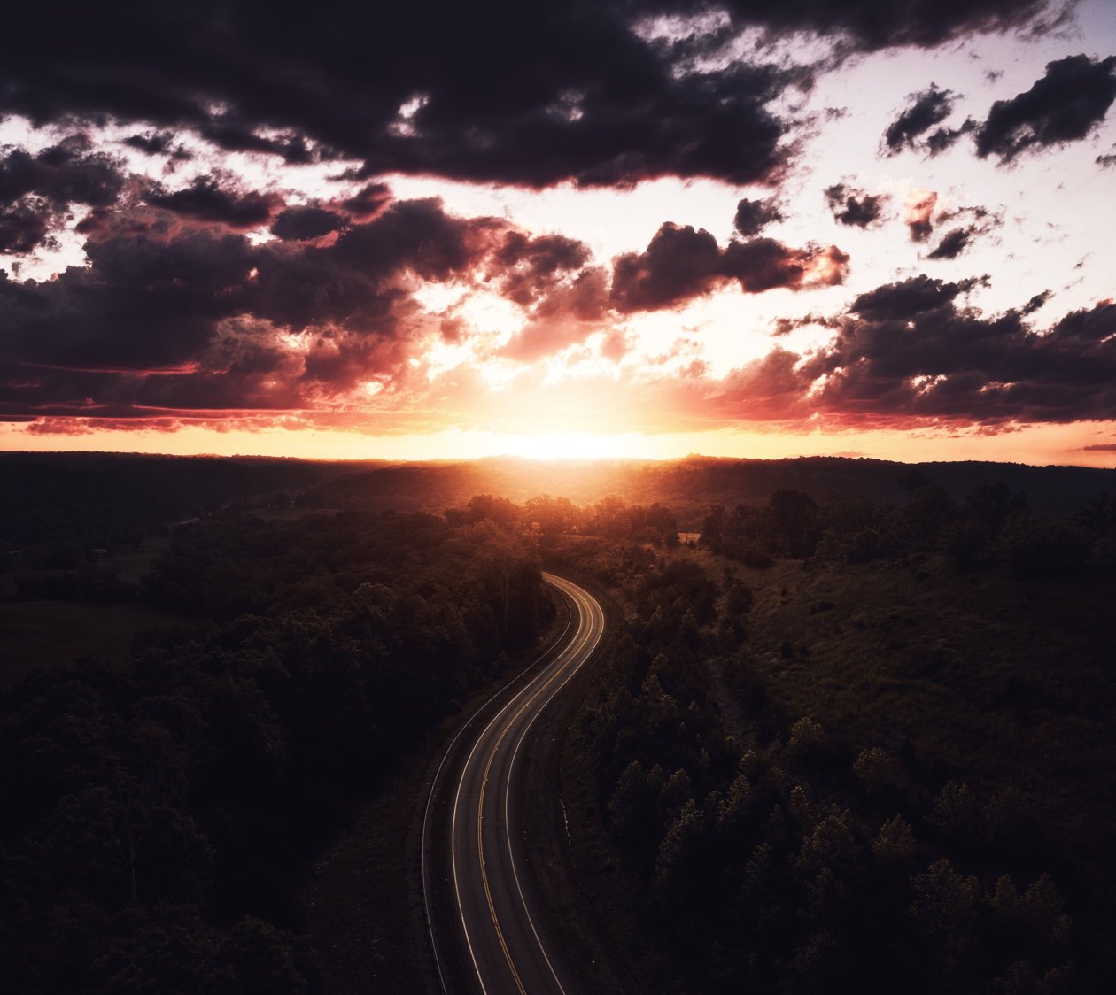 Beautiful Road Path Sun Setting Drone View 4k