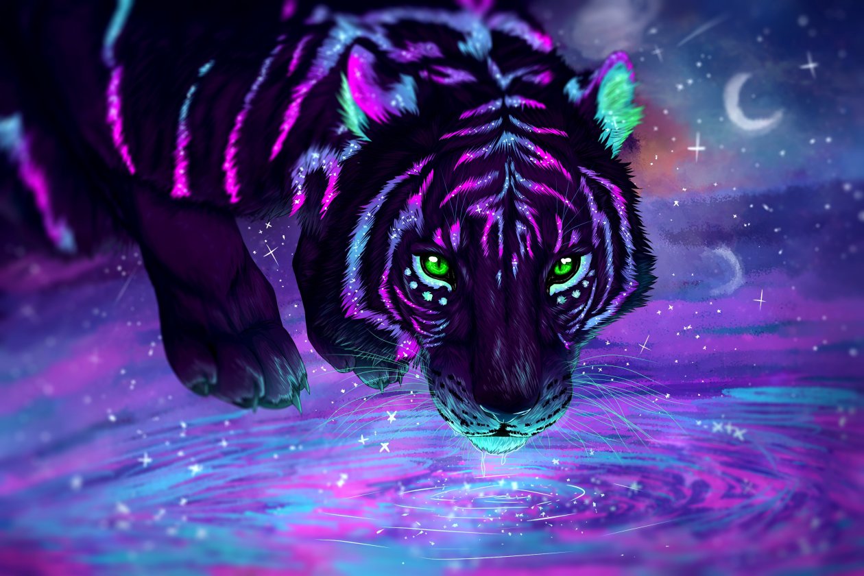 Green Eyes Night Reflection Tiger Artwork