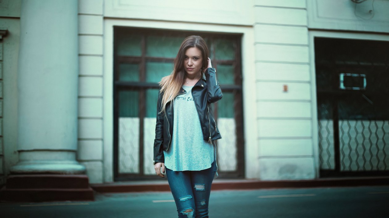 Women Leather Jacket Hands In Hair Standing