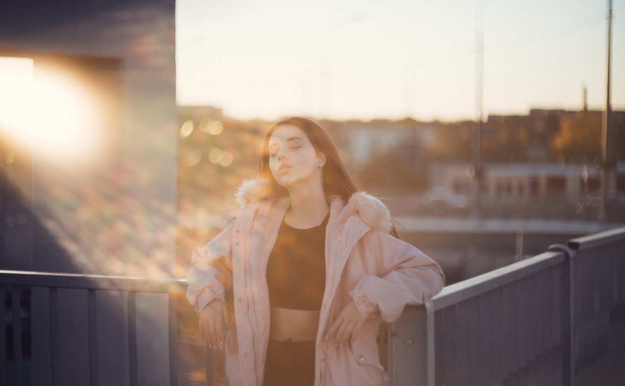 Girl Closed Eyes Sunbeam On Face