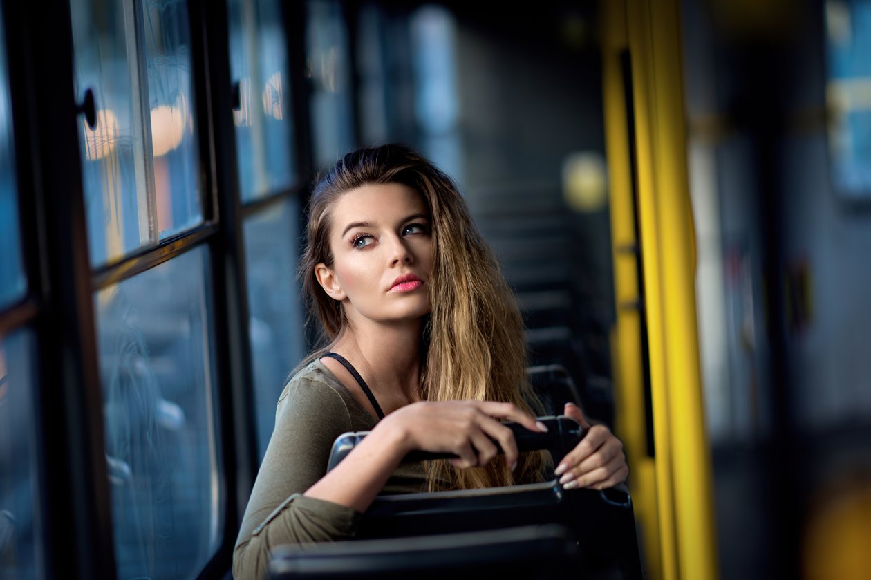 Girl In Bus Sitting Looking Back 4k