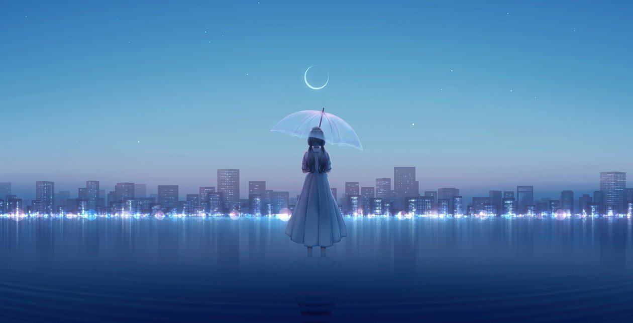 Anime Girl Umbrella City 8k