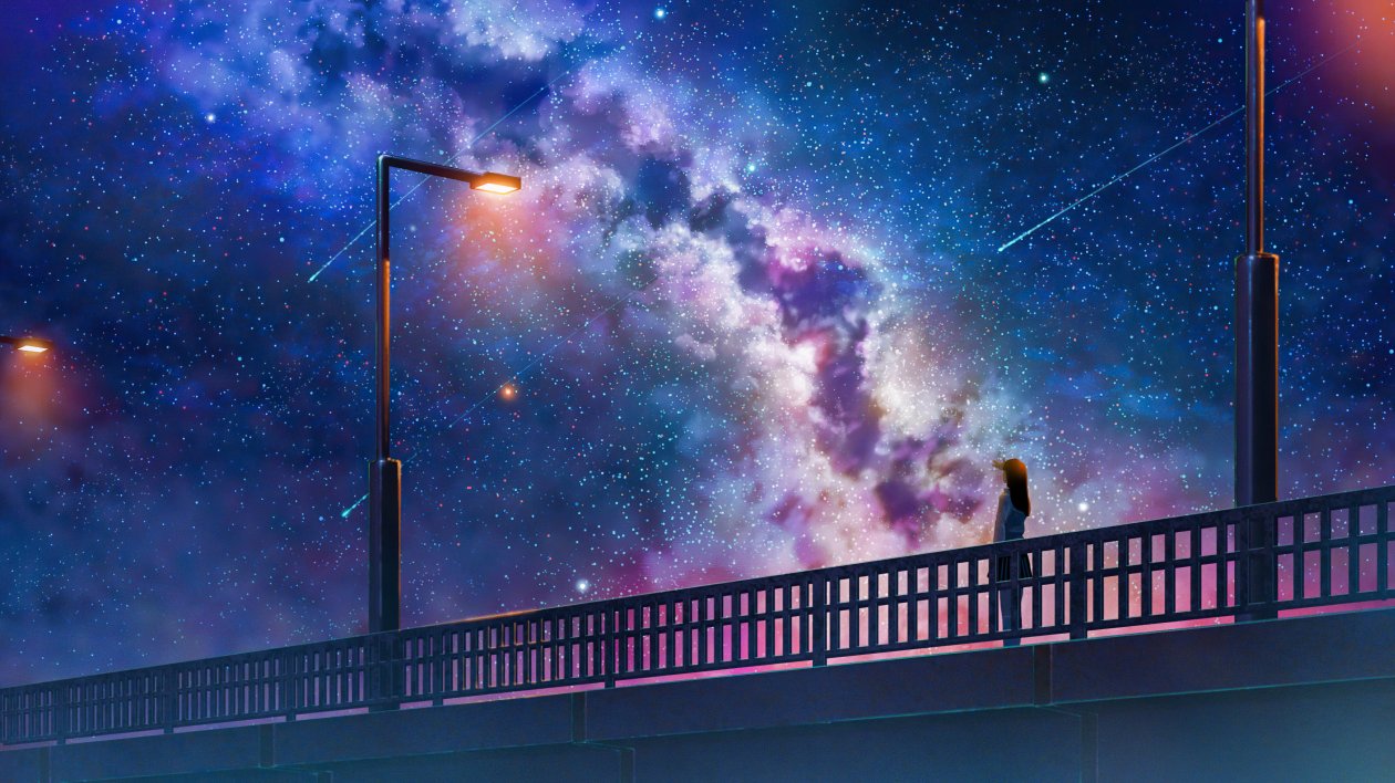 Anime Girl Alone At Bridge Watching The Galaxy Full Of Stars 4k