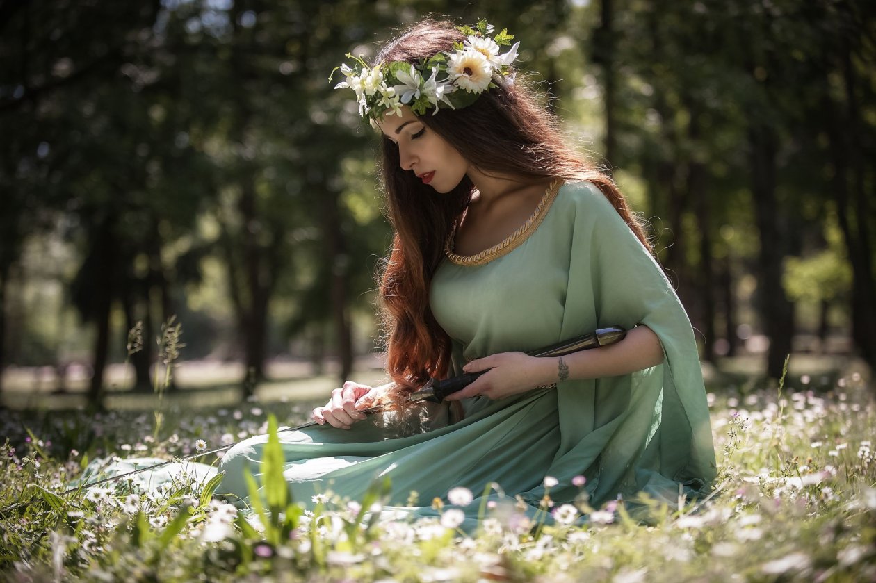 Brunette Depth Of Field Girl Green Dress