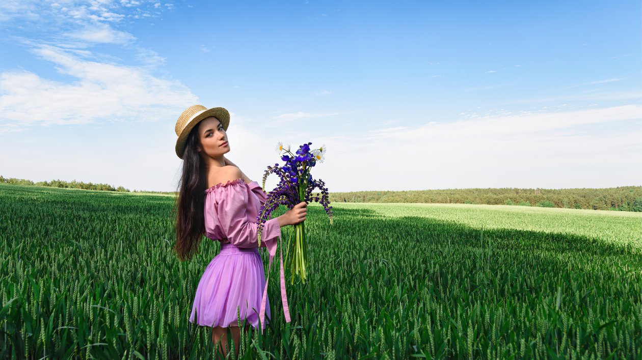 Girl Field Hat With Flowers Bokeh