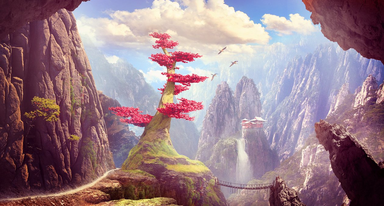 Mountain Tree Temple Fantasy Art