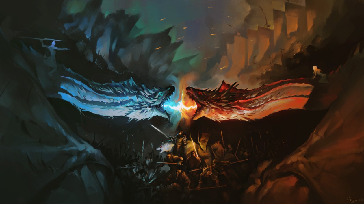 Night King And Khaleesi Fighting With Dragons Artwork