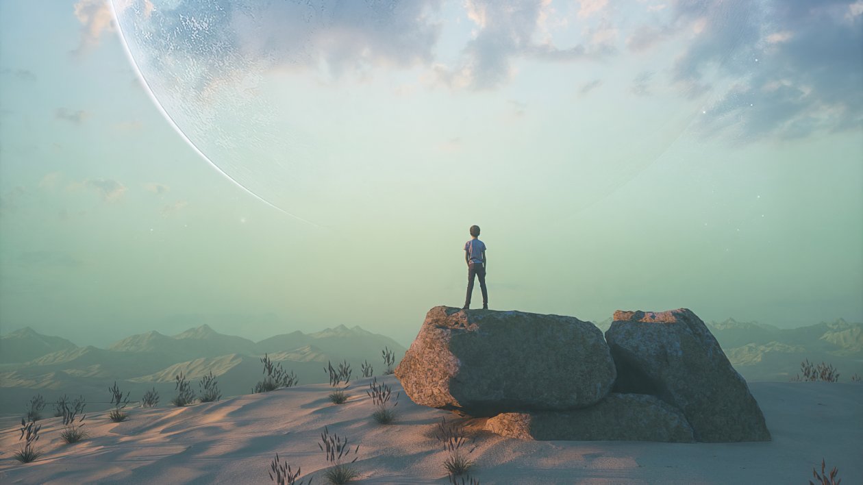 Boy Standing On Rock Looking At Landscape View 4k