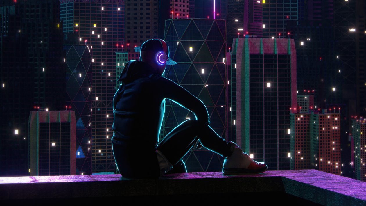 Boy Sitting On Rooftop Neon Lights 5k