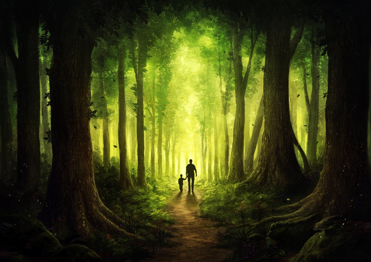 Children Walking With Dad Journey To Forest