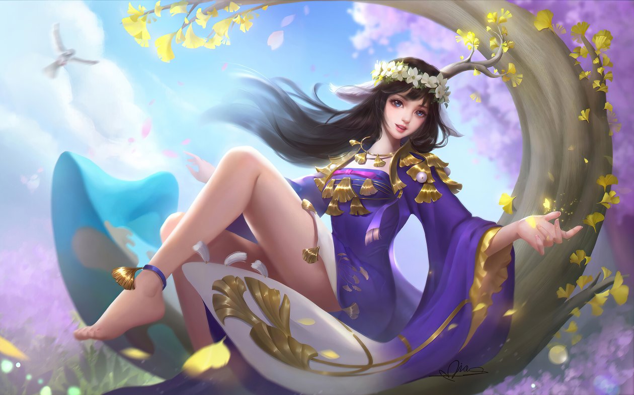Asian Girl Sitting On Tree Wood