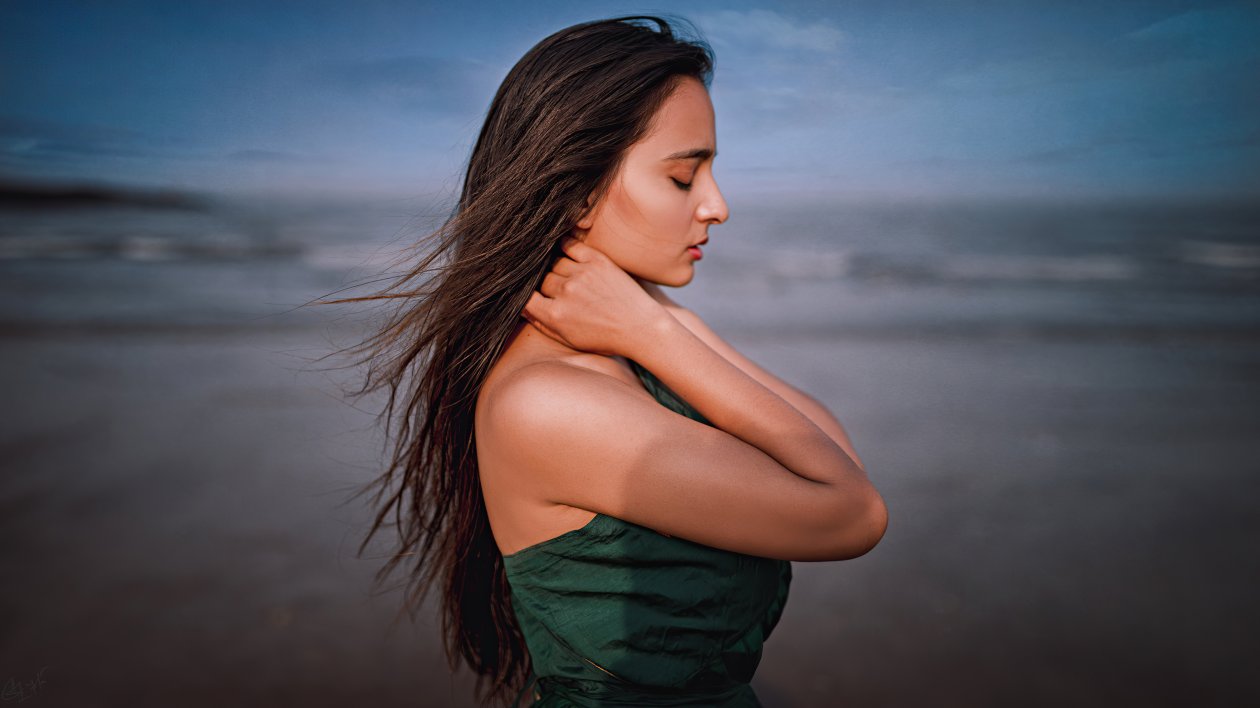 Girl Closed Eyes Long Hair Side Pose 4k