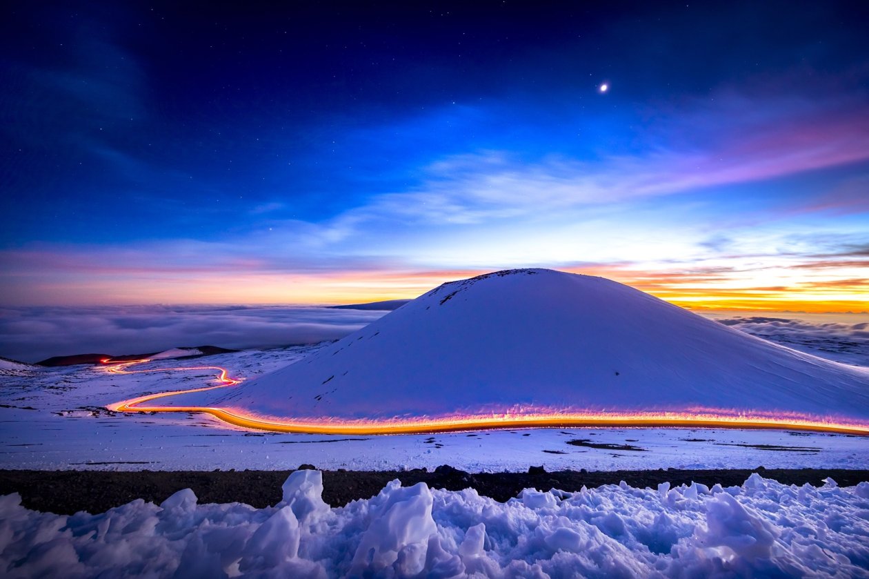 Light Trails Long Exposure Hills Snow Sunset