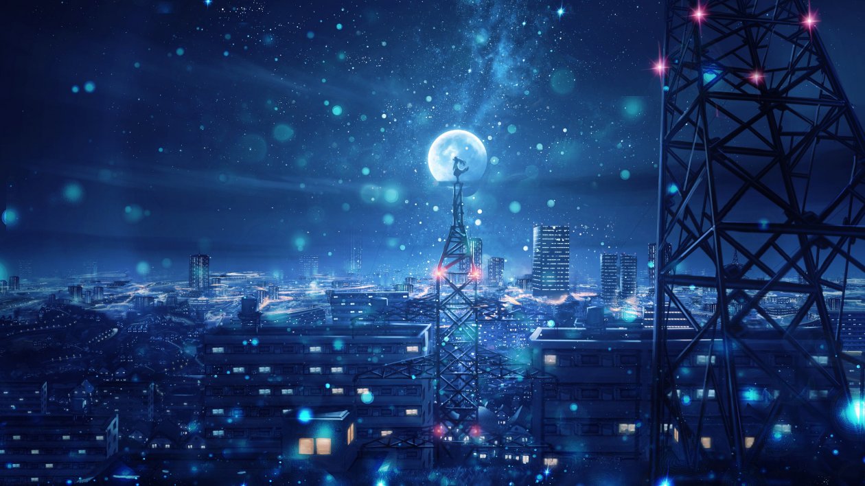 Blue Night Big Moon Anime Scenery 4k
